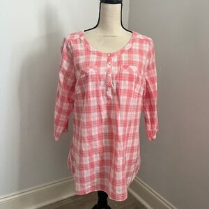 Eddie Bauer Gingham Shirt sz Large Pink White Plaid Henley Tunic Granola Hiking